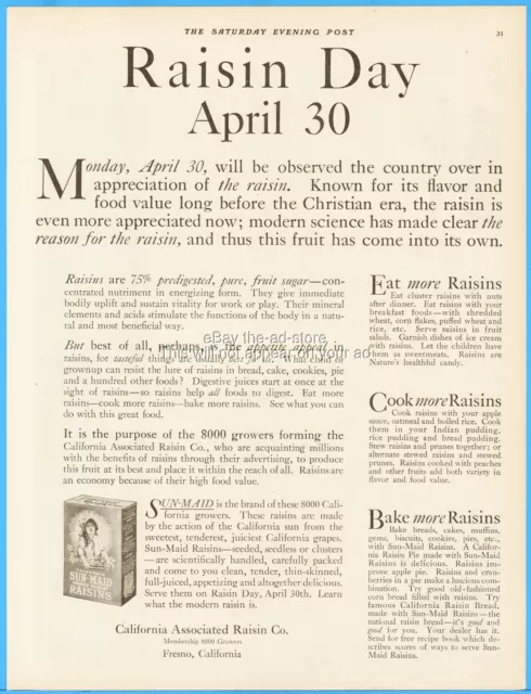 1917 Sun-Maid California Associated Raisin Co Fresno April 30 Kitchen Decor Ad