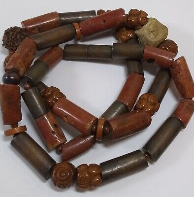 Large Carved TIBETAN ANTIQUE BEAD AFRICAN Trade STONE wood Clay Necklace 31 inch
