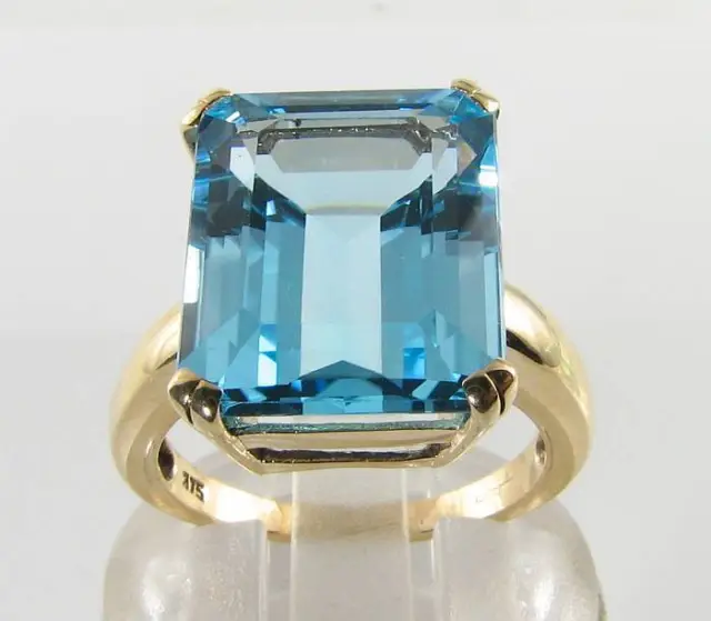 BIG 9K 9CT GOLD 15mm x 12mm BLUE TOPAZ ART DECO INS SOLITAIRE RING FREE RESIZE