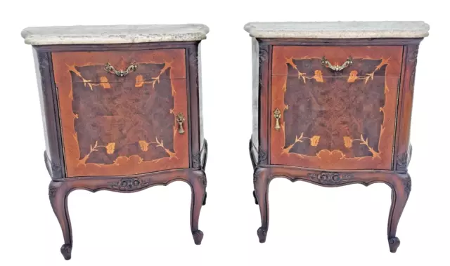 Pair Vintage Italian Marble Top Inlaid Nightstands, End Tables, Bedstands 1930s