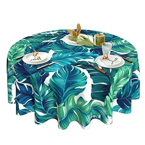 smuxqni Tropical Palm Leaf Tablecloth Round 60 Inches Hawaiian Green Leaves T...