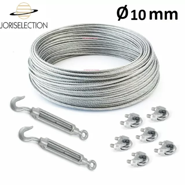 Câble acier galvanisé  Ø 10 mm + 6 serre-câble et 2 tendeurs  LONGUEUR  AU CHOIX