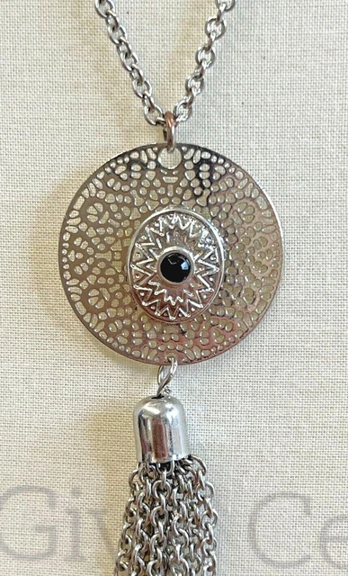 Charming Charlie Triple Strand Black Beaded Silver Tone Pendant Necklace