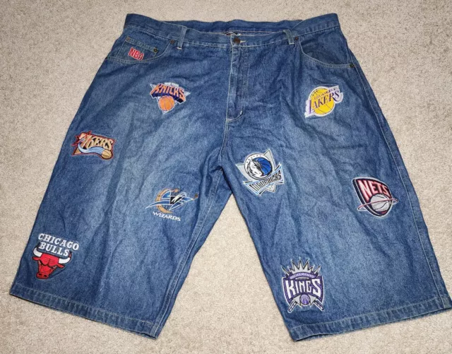 UNK NBA DENIM SHORTS Sz 40 LAKERS 76ers CELTICS KNICKS SEWN PATCHES EUC