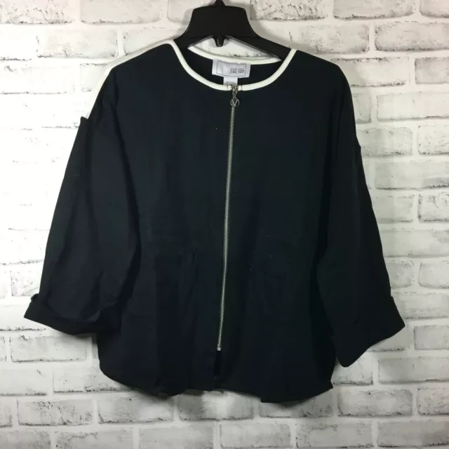 Joan Vass Women's Jacket Black White Size 3 Or Size XL Zip 3/4 Sleeve Pockets