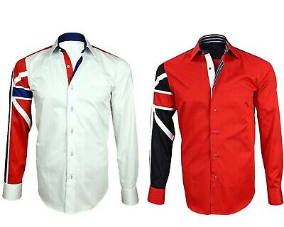 Men's Union Jack Formal Shirt Italian Dress Designer Luxury UK Flag Print Shirts 