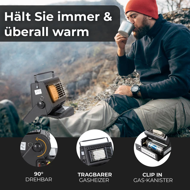 2in1 Tragbare Gasheizung Camping Butan Gas Kocher Keramik +4 Gaskartuschen 1,3KW 3