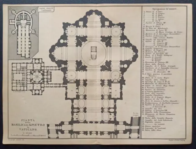 Stampa Antica pianta Basilica S.Pietro Vaticano Bramante Michelangelo Roma 1900