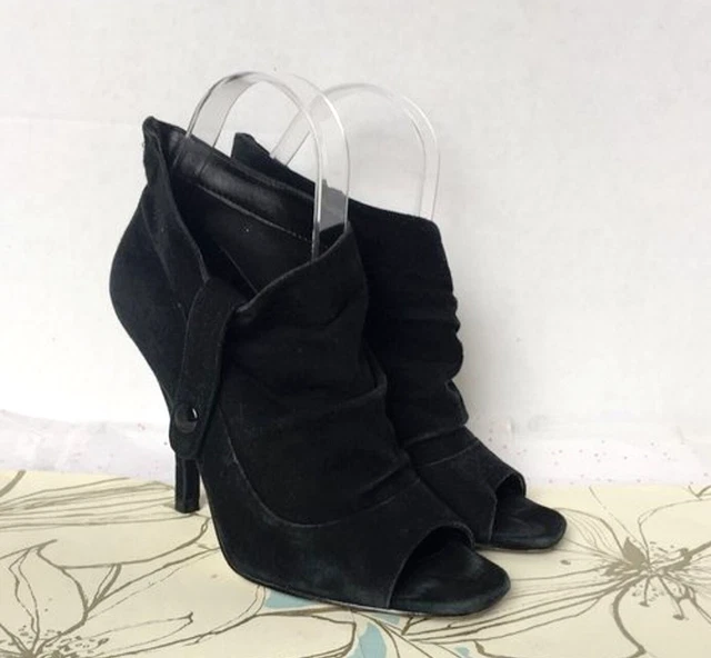 Steven Steve Madden Black Suede Peep Toe Ankle Boot Ruched Strap Detail -  6.5