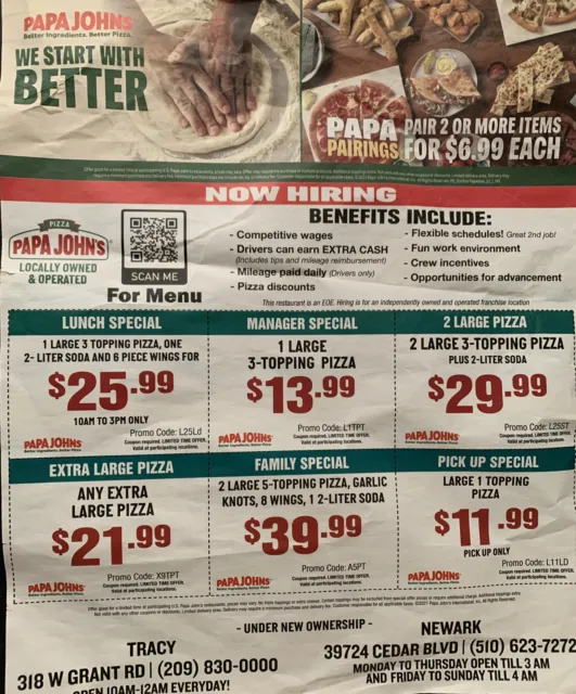1 sheet of Papa Johns Pizza Coupons total 6 coupons