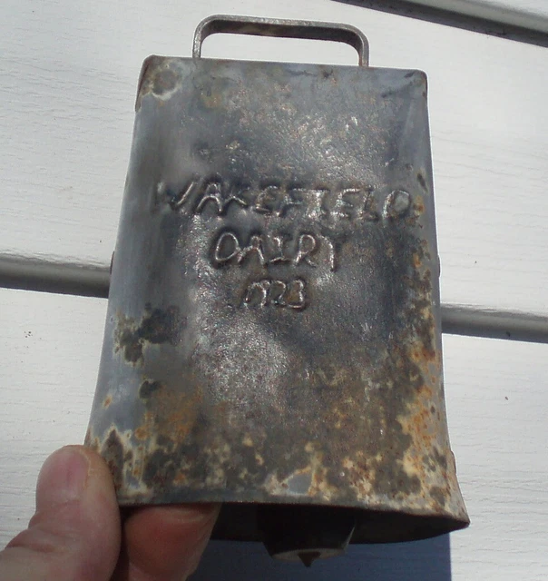 RARE PRIMITIVE ANTIQUE Embossed Dairy Farm Cow Bell Advertising Dated