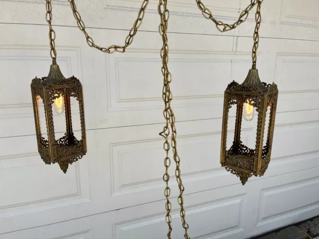 Vintage Cast brass Spanish Revival Chandelier Hanging Ceiling Lamp Gothic Church