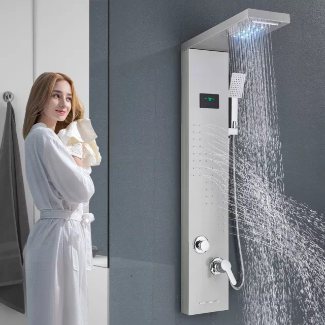 Stainless steel LED Shower Panel Tower System Rain Waterfall Massage Jets Faucet