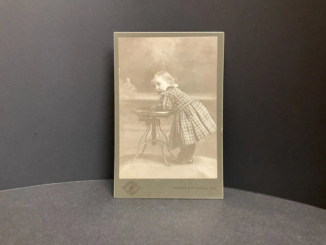Cabinet Card Photo of Cute Young Girl in Plaid Dress leaning on piano stool Wisc