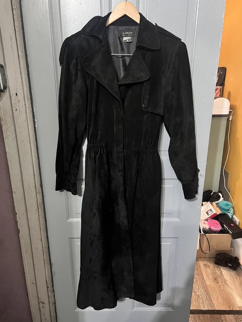 Vintage Le Crillon Black Suede Trench Coat Sz10 Hong Kong