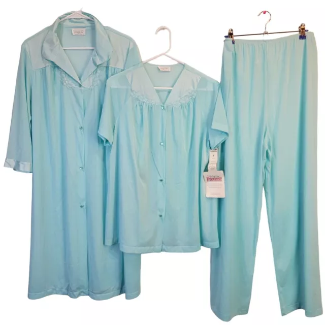 Vanity Fair Vintage 80s Nylon Set Women Large Blue Pajama Robe Shirt Pants New L