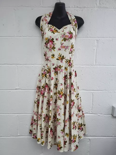 Vivien Holloway 1950s Style Halterneck Cream Floral Dress Size Small .PAC2001946