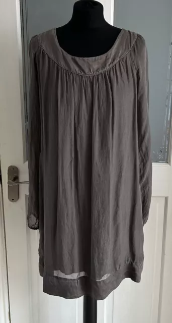 Made In Italy 100% Silk Taupe Grey/Brown Long Sleeve Shift Dress Womens Size 12