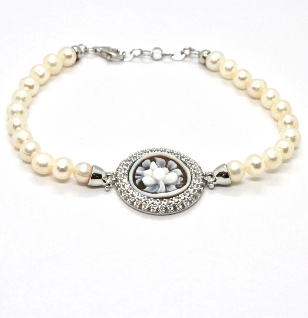 Bracelet en Argent 925 avec Perles De D'Eau Douce Camée Zirconia Cubique