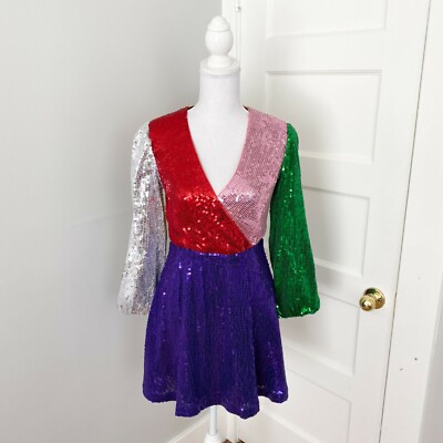 NWT Alice + Olivia Size 0 Blaze Sequin Blouson Sleeve Mini Dress Colorblock