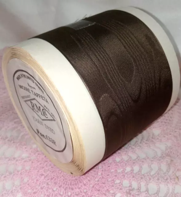 Vtg. 2 1/4" Wide Brown Rayon Moire' Ribbon -10 Yard Roll- Reinhardt Mfg. U.s.a.+