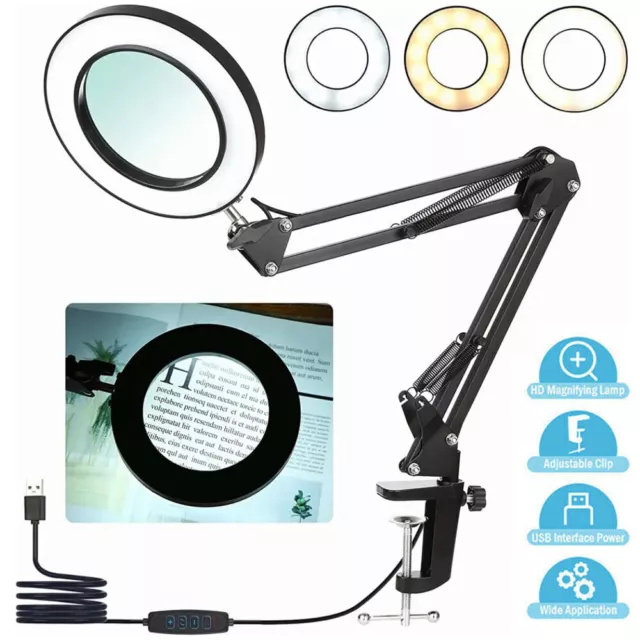 10X Magnifying Glass Desk Light Magnifier LED Lamp Reading Lamp With Clamp