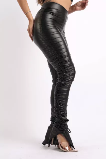 Womens PU Ruched Leggings With Strappy Slit Hem Faux Leather Stacked Pants XS-3X 2