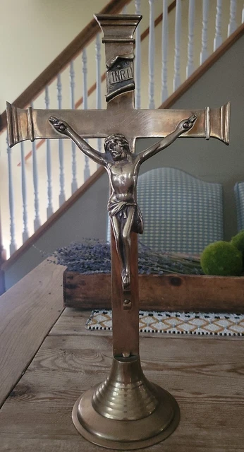 Vintage Brass Metal Crucifix Altar Shrine Cross Catholic 17" Made In Korea INRI Vintage Brass Metal Crucifix Altar Shrine Cross Catholic 17" Made In Korea INRI
