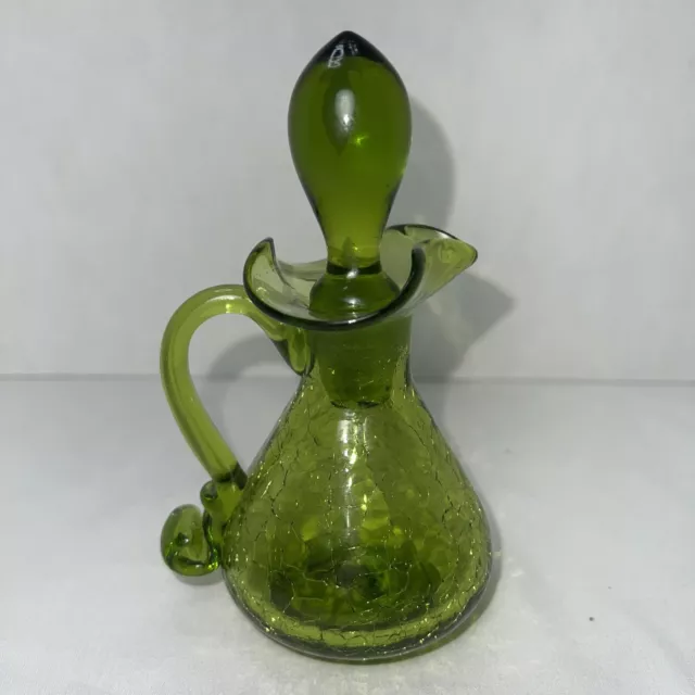 Rainbow Glass Avacado Green Decanter Pitcher Stopper Crackle 60's Vintage 6"