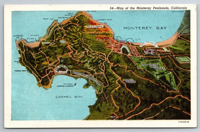 Vintage Postcard CA Monterey Peninsula Map Aerial View White Border ~1214