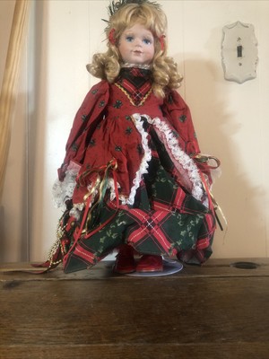 porcelain doll christmas red/green dress blonde/blue