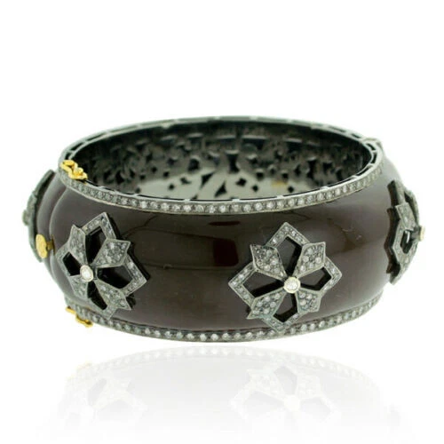 Natural Rosecut Diamond Polki 925 Sterling Silver Wedding Enamel Bangle
