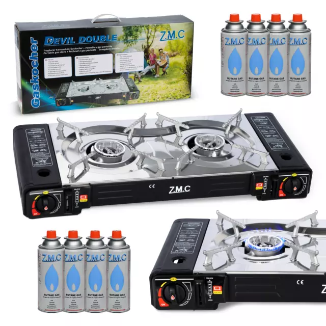 ZMC Doppel Kartuschenkocher 2 flammig Outdoor Campingkocher + 8x Gaskartuschen