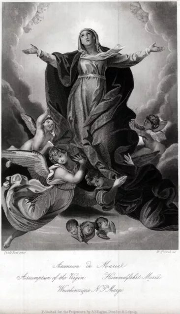 Assunzione di Maria Vergine, di Guido Reni. Madonna. Acciaio.Stampa antica.1850