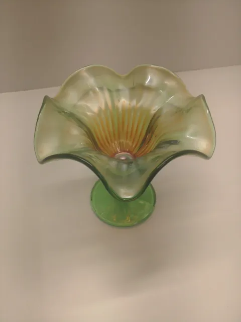 GREEN Northwood Carnival Art Glass Smooth Rays Candy Compote Dish Iridescent