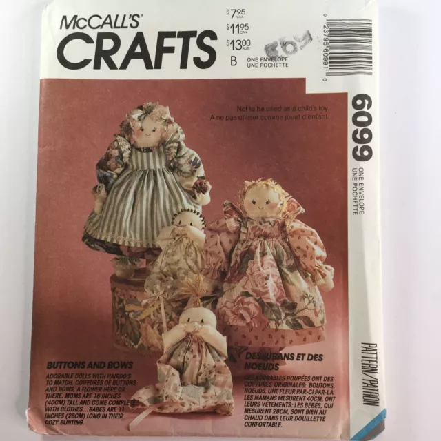 McCalls 6099 Buttons Bows Rag Doll Soft Toy Mum Baby Clothing New Uncut Pattern