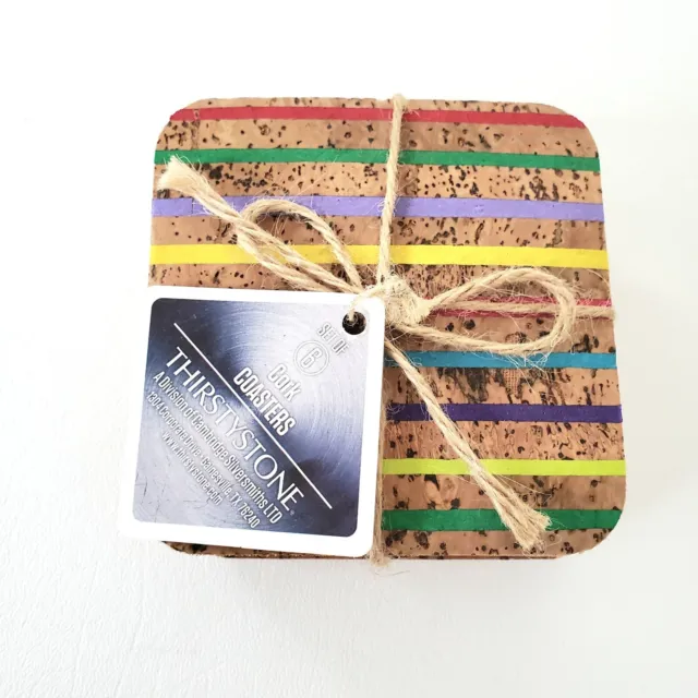 New Thirstystone Set Of 6 Cork Coasters Colorful Striped 4" Square