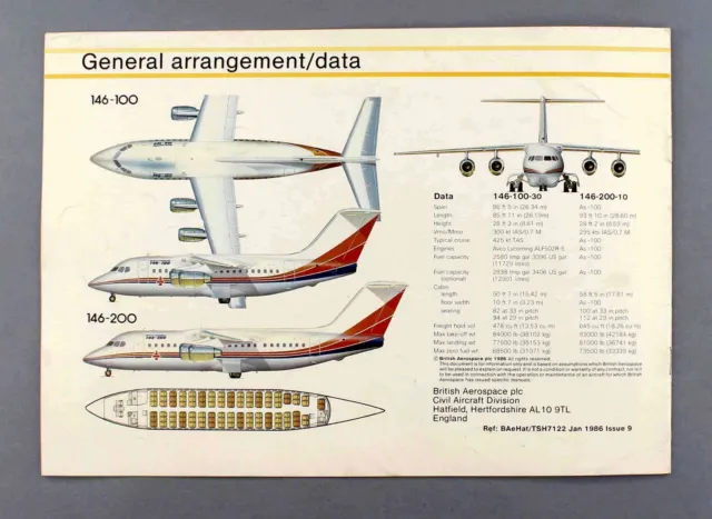 British Aerospace Bae 146 Manufacturers Sales Brochure 1986 Seat Map 3
