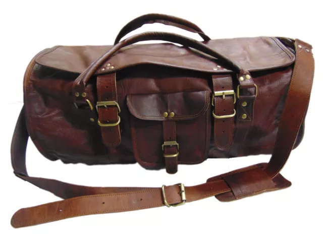 Goat Leather 24" x10"x8"Round Duffel Travel Sport Cabin flap Bag