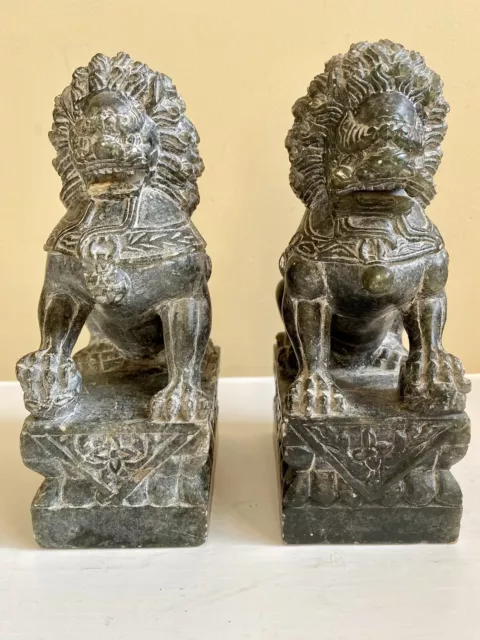 A Pair Of Chinese Carved Soapstone Dogs Of Fo Vintage Lions