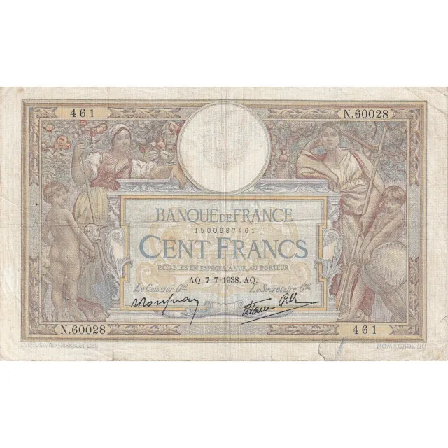 [#195700] France, 100 Francs, Luc Olivier Merson, 1938, N.60028, TB+, Fayette:25