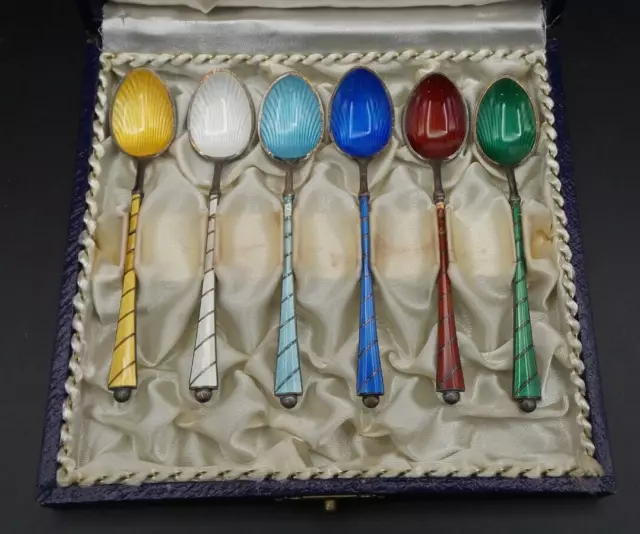 Sterling Silver Ela Denmark 925 Enameled Demitasse Spoon Set In Box - Z1599