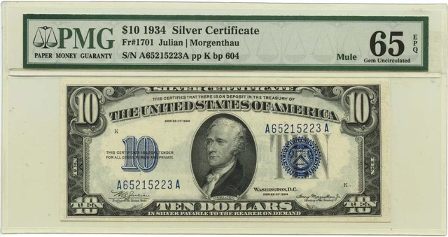 1934 $10 Silver Certificate Blue MULE Fr# 1701 PMG GEM 65 EPQ