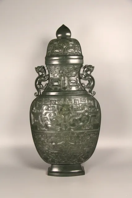 Chinese Exquisite Handmade Dragon Phoenix carving Thin Green Hetian Jade Bottle