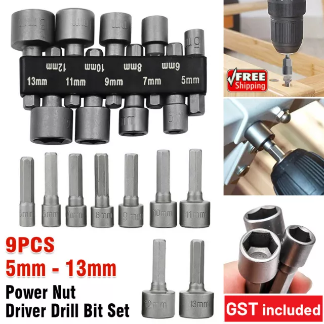 9-Piece Socket Magnetic Nut Driver Set Drill Bit Adapter 1/4in Hex Shank 5-13MM