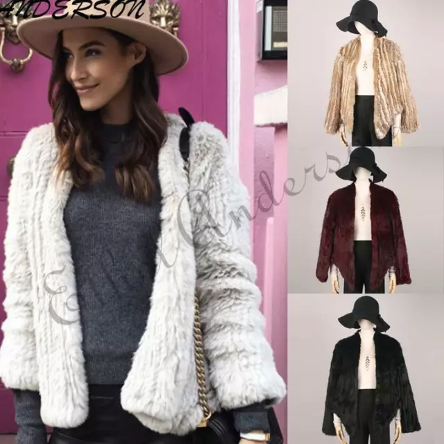 Womens Knitted Real Rabbit Fur Cardigan Coat Jacket Irregular Collar Garment