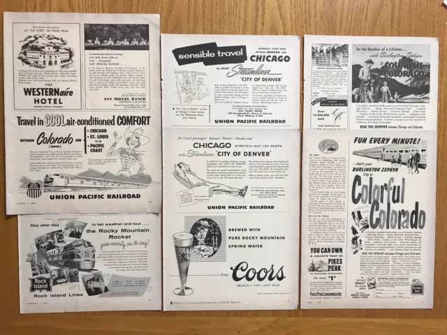 6 1950s Colorado Railroad Print Ads Train Union Pacific, Burlington, Rock Island