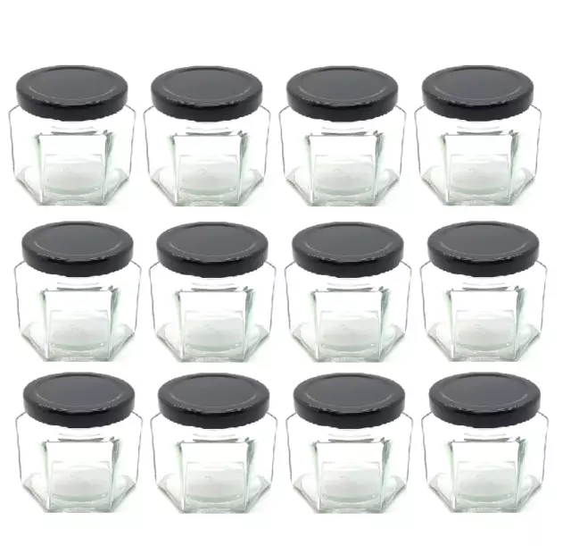 Nakpunar 12 Pcs 6 oz Hexagon Glass Jars with Gold Lids Jam Honey Candle  Canning