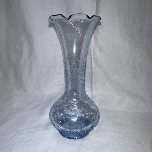 Vintage Hand Blown Light Blue Art Glass Crackle Bud Vase Fluted & Ruffled Top