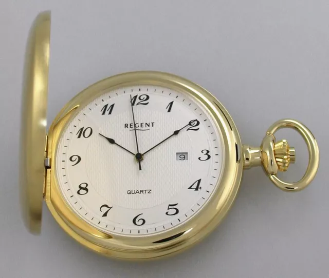 Gold Plated Regent Quartz Pocket Watch + Chain And Date